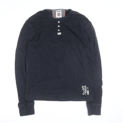 Superdry Men's Blue Henley Long Sleeve Cotton Top Size L