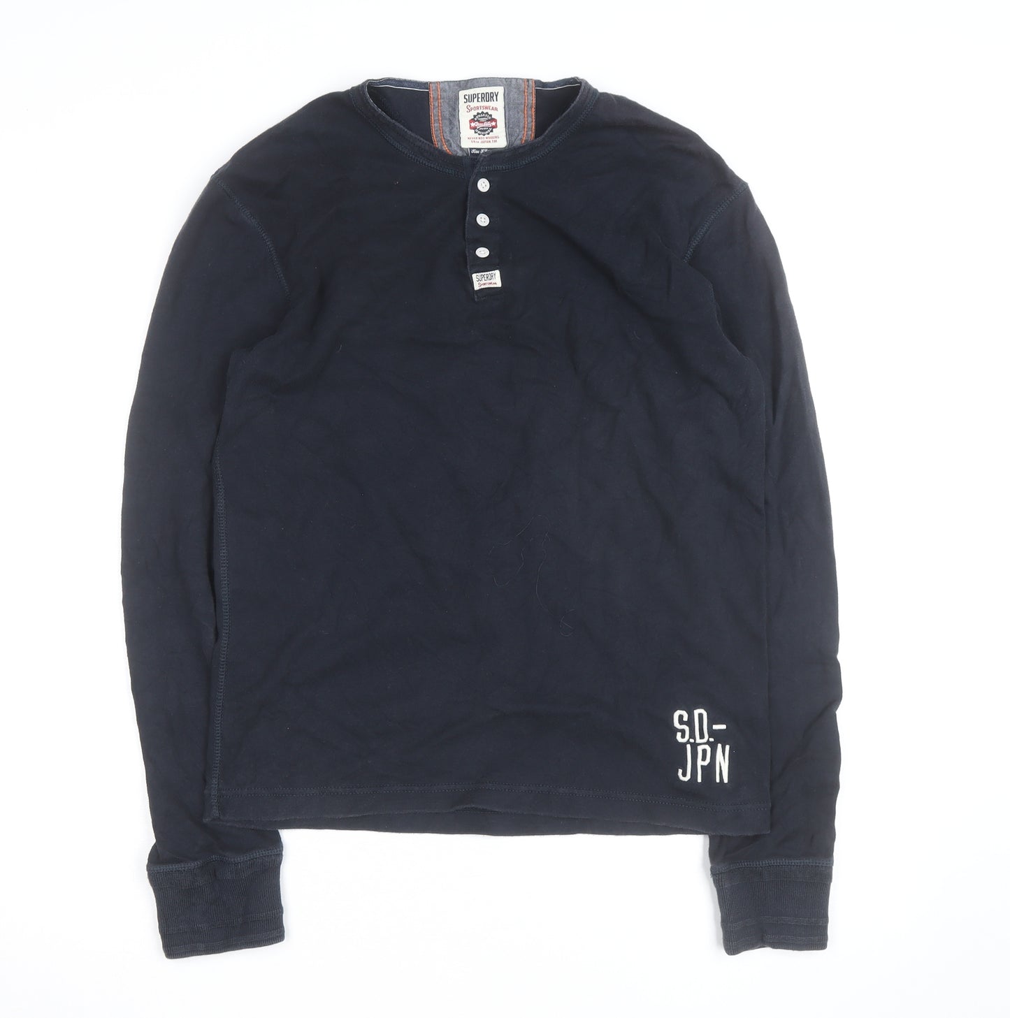 Superdry Men's Blue Henley Long Sleeve Cotton Top Size L