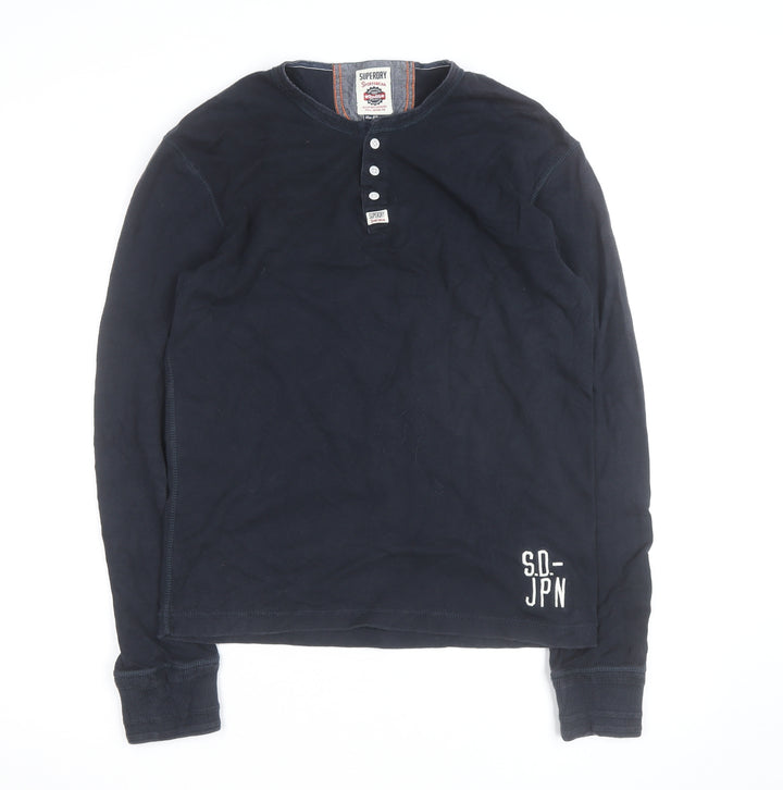 Superdry Men's Blue Henley Long Sleeve Cotton Top Size L