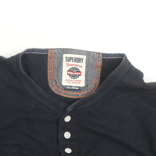Superdry Men's Blue Henley Long Sleeve Cotton Top Size L