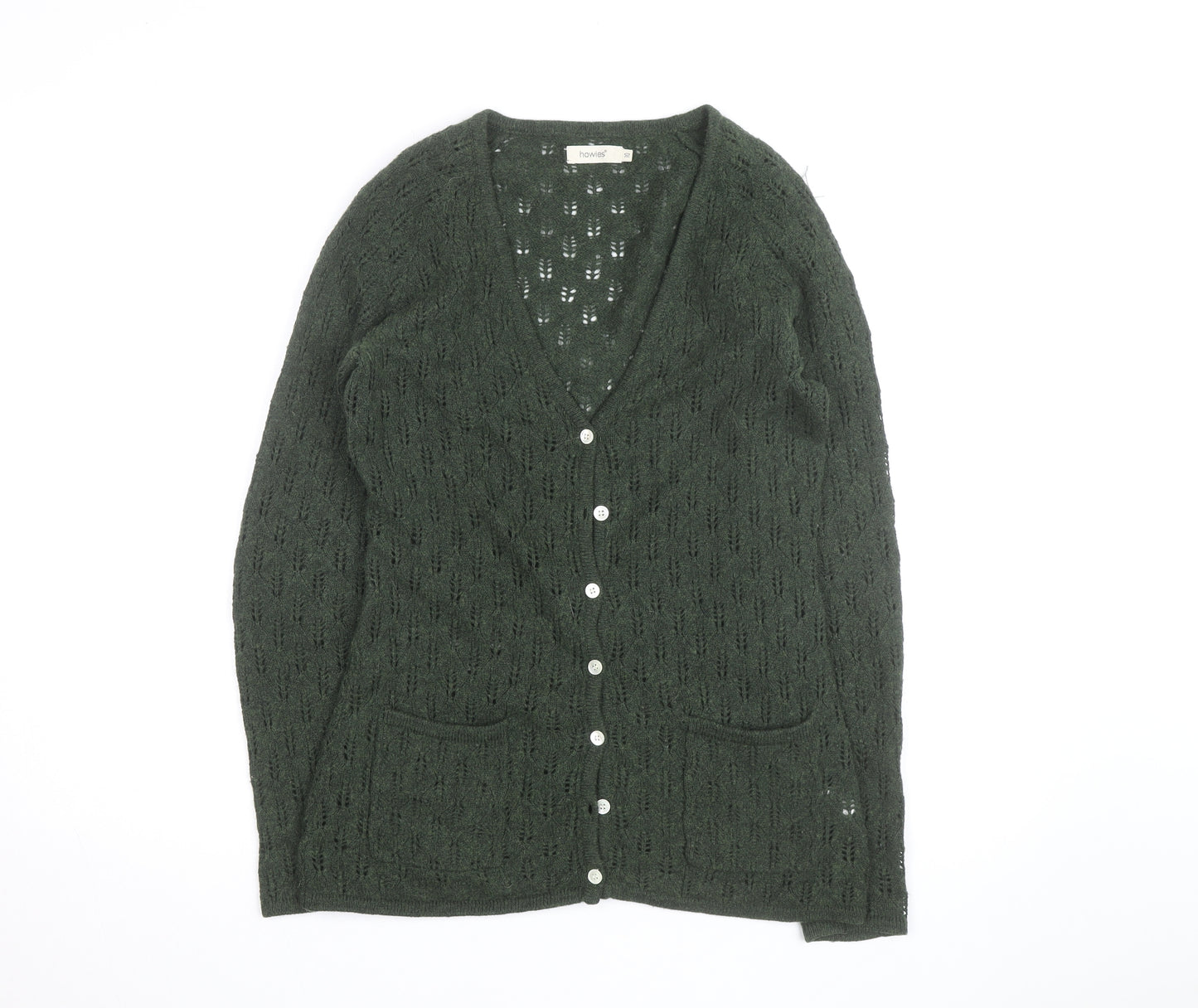 Howies Women Green Lambswool Open Knit Cardigan Size 10