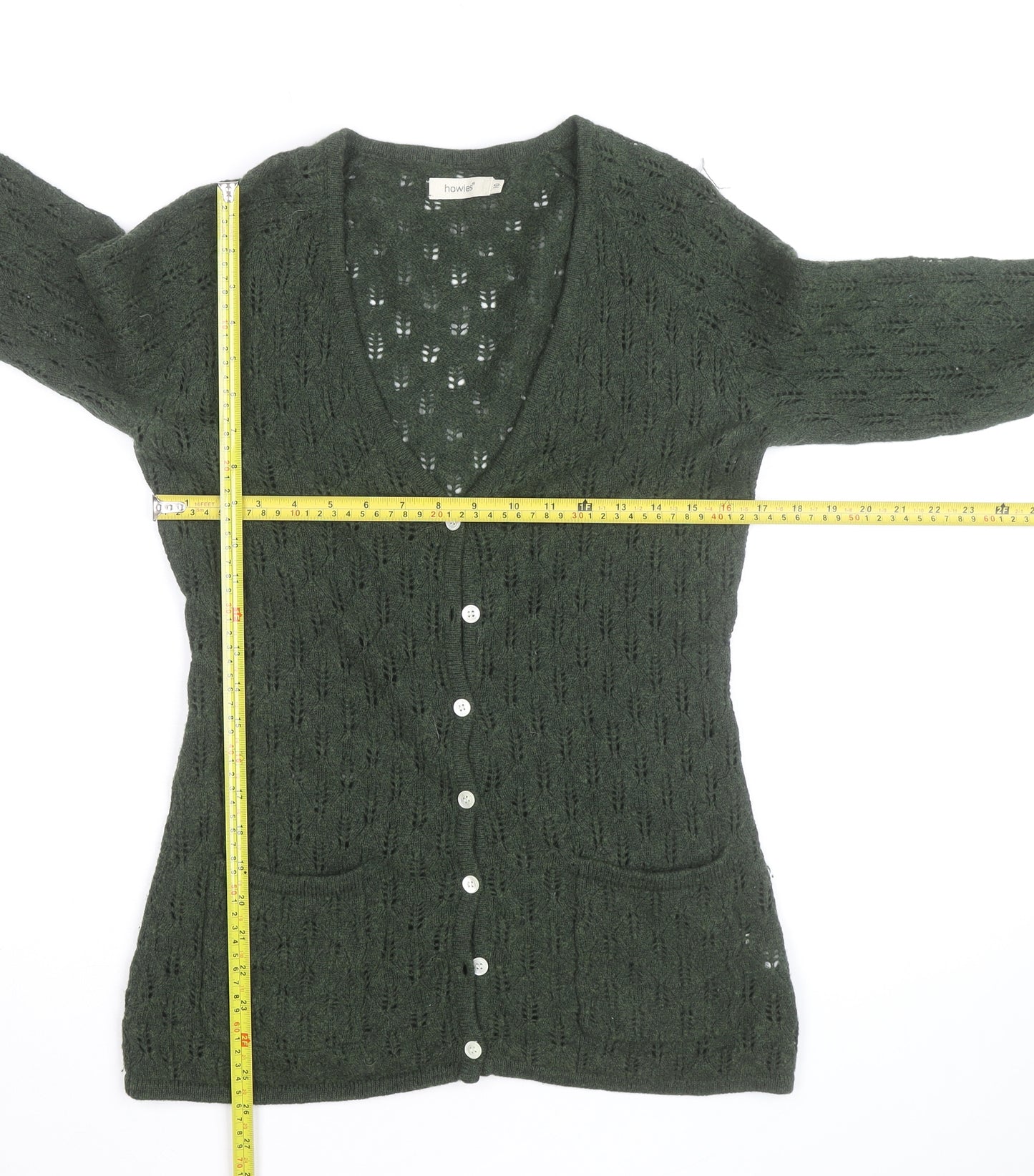 Howies Women Green Lambswool Open Knit Cardigan Size 10