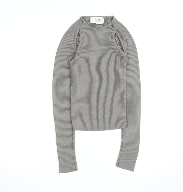 Collusion Women Grey XS Ribbed Slim Fit Long Sleeve Jumper