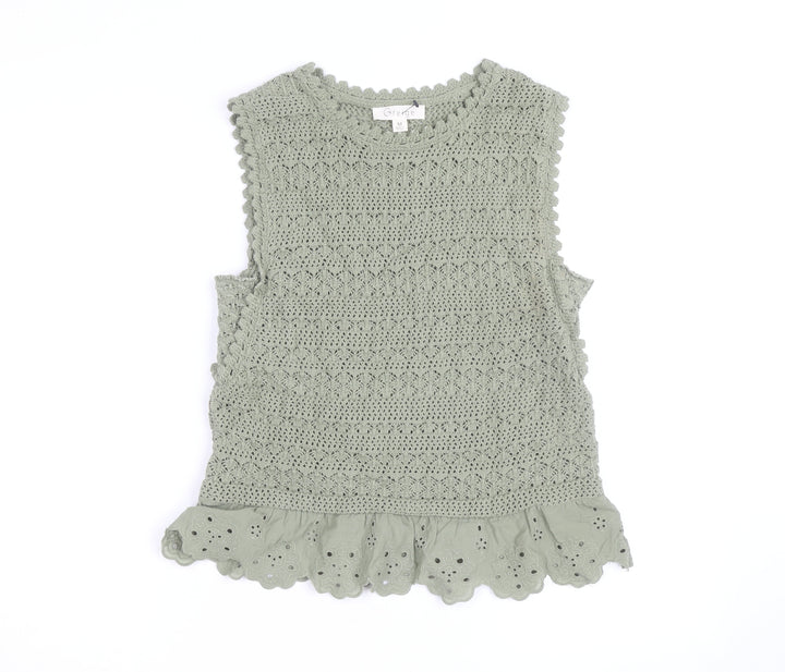 Greige Women Green Crochet Sleeveless Knit Cotton Vest M