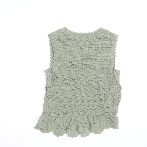 Greige Women Green Crochet Sleeveless Knit Cotton Vest M