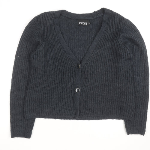 PIECES Unisex Black XL Chunky Knit V-Neck Cardigan