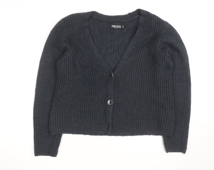 PIECES Unisex Black XL Chunky Knit V-Neck Cardigan
