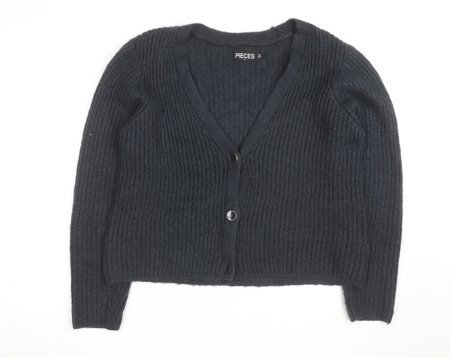 PIECES Unisex Black XL Chunky Knit V-Neck Cardigan