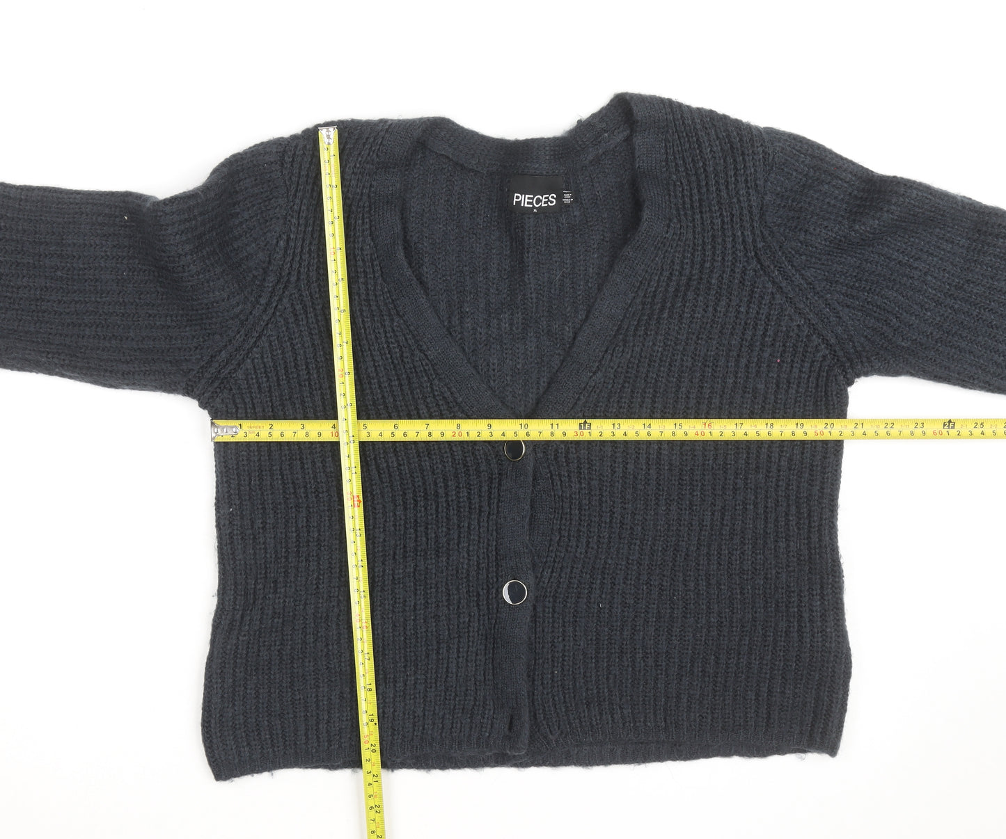 PIECES Unisex Black XL Chunky Knit V-Neck Cardigan