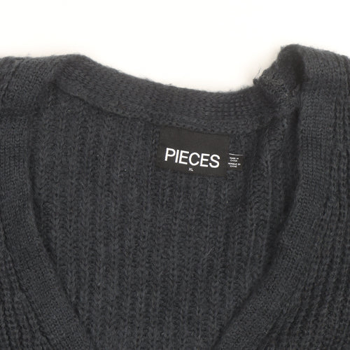PIECES Unisex Black XL Chunky Knit V-Neck Cardigan