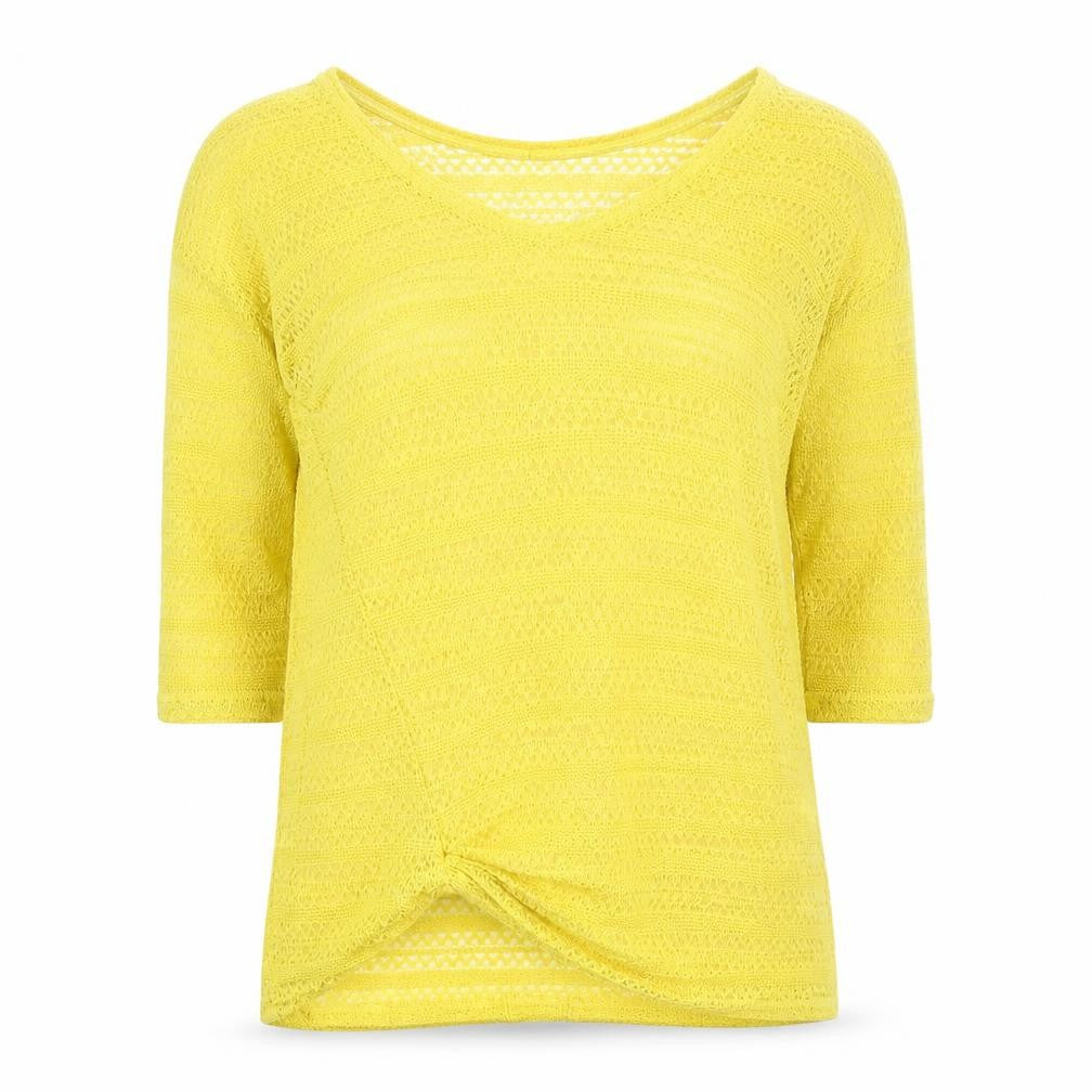 Front view of Next Women’s Yellow Knit V-Neck 3/4 Sleeve jumper, size UK 12