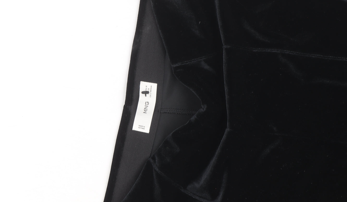 Mango Women Black Velvet Wide-Leg Trousers Size M