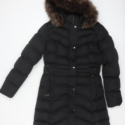 New Look Women's Black Long Puffer Coat Size 10 Hooded Belted Winter Jacket