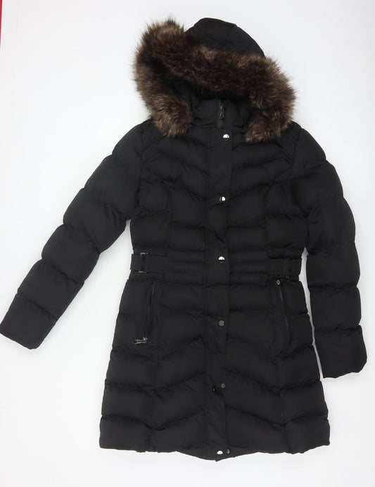 New Look Women's Black Long Puffer Coat Size 10 Hooded Belted Winter Jacket