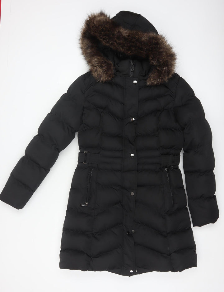New Look Women's Black Long Puffer Coat Size 10 Hooded Belted Winter Jacket