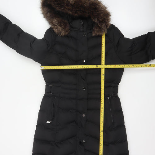 New Look Women's Black Long Puffer Coat Size 10 Hooded Belted Winter Jacket