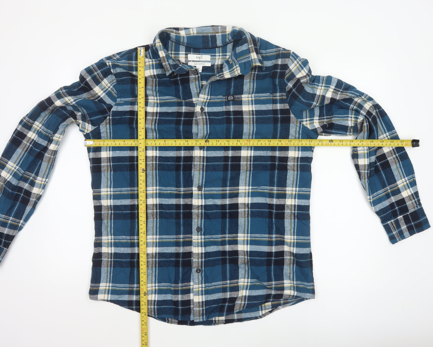 Marks and Spencer Men's Blue Plaid Flannel Cotton Long Sleeve Button-Up Shirt L Regular