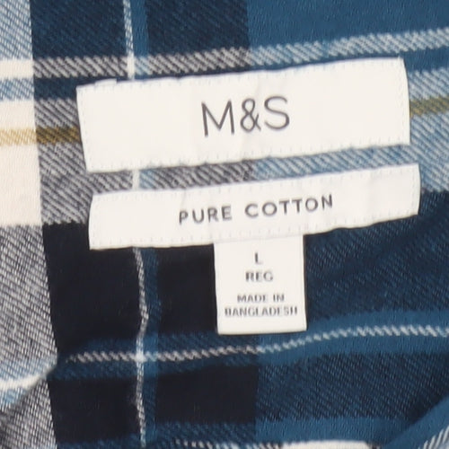 Marks and Spencer Men's Blue Plaid Flannel Cotton Long Sleeve Button-Up Shirt L Regular