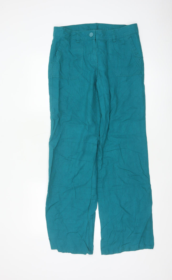 Marks and Spencer Women Blue Linen Wide-Leg Trousers Size 10 Tall
