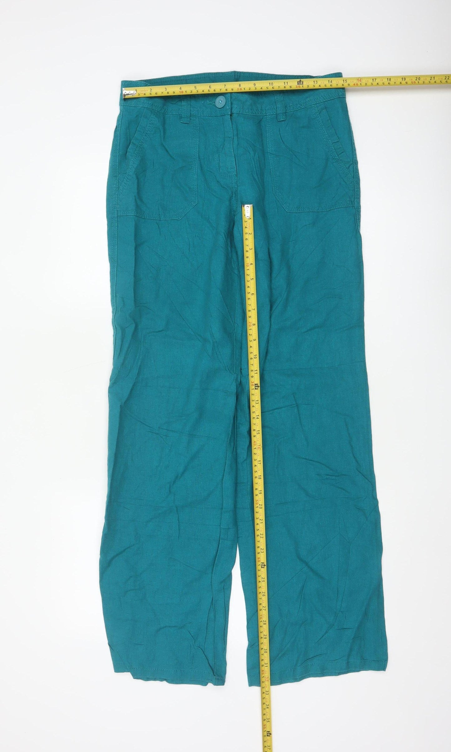 Marks and Spencer Women Blue Linen Wide-Leg Trousers Size 10 Tall