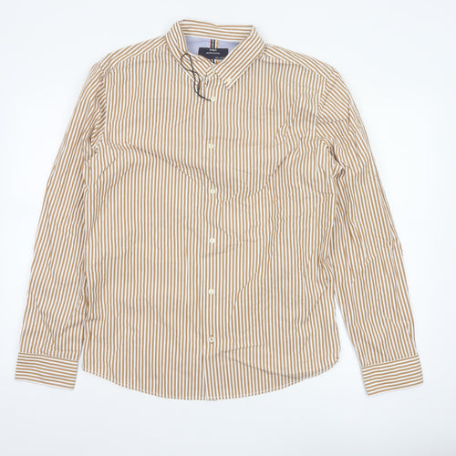 Marks and Spencer Men's Beige Striped Button-Up Shirt M Long Sleeve