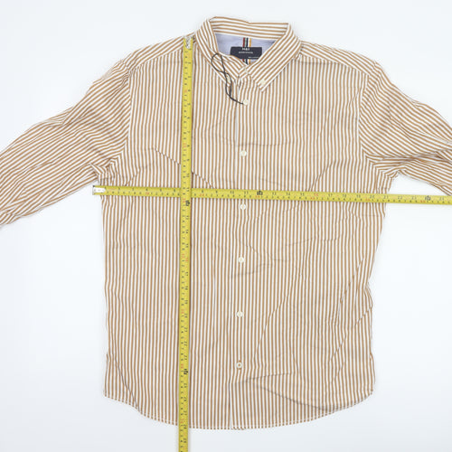 Marks and Spencer Men's Beige Striped Button-Up Shirt M Long Sleeve
