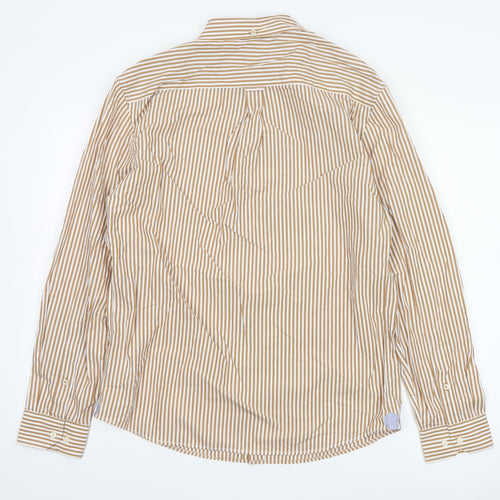 Marks and Spencer Men's Beige Striped Button-Up Shirt M Long Sleeve