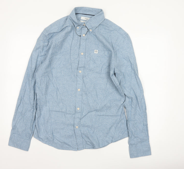 Marks and Spencer Men's Blue Regular Fit Cotton Button-Up Shirt S