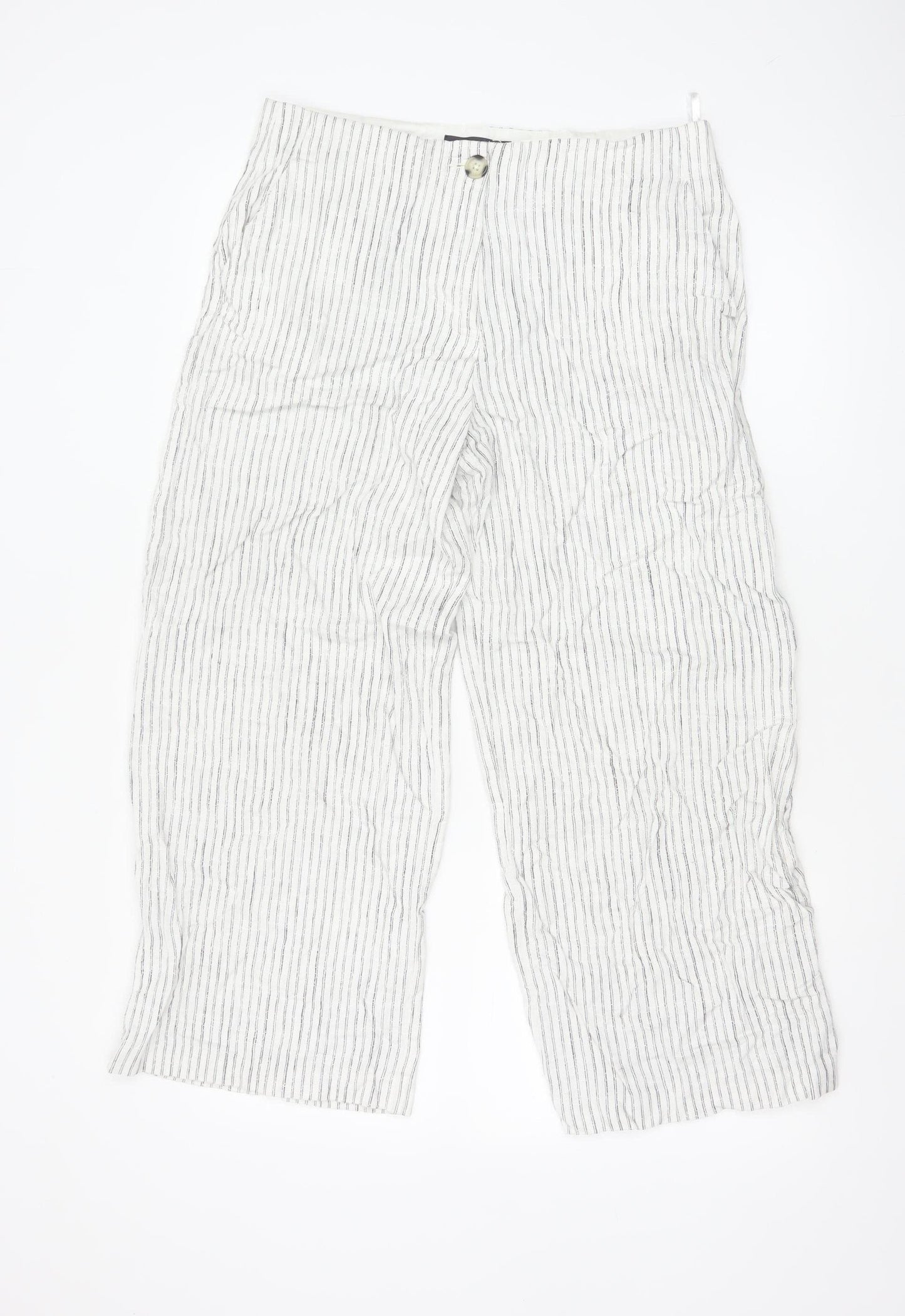 Marks and Spencer Women’s White Striped Linen Blend Straight Trousers Size 12 Short