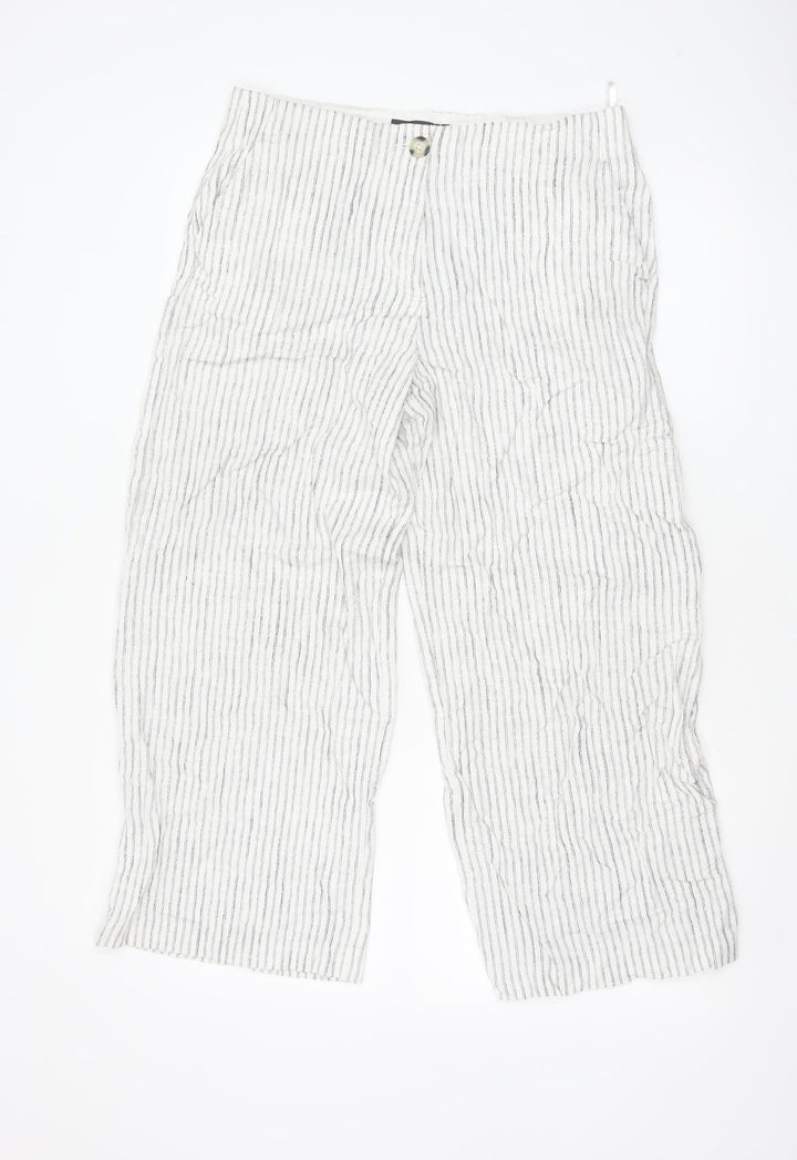 Marks and Spencer Women’s White Striped Linen Blend Straight Trousers Size 12 Short
