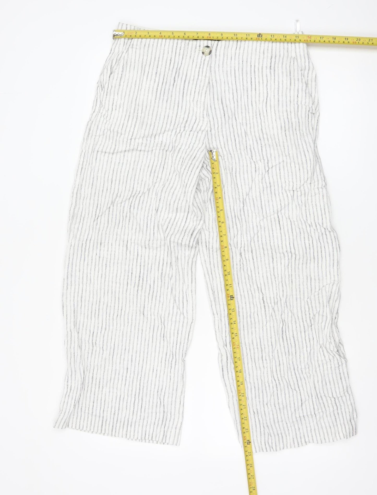 Marks and Spencer Women’s White Striped Linen Blend Straight Trousers Size 12 Short
