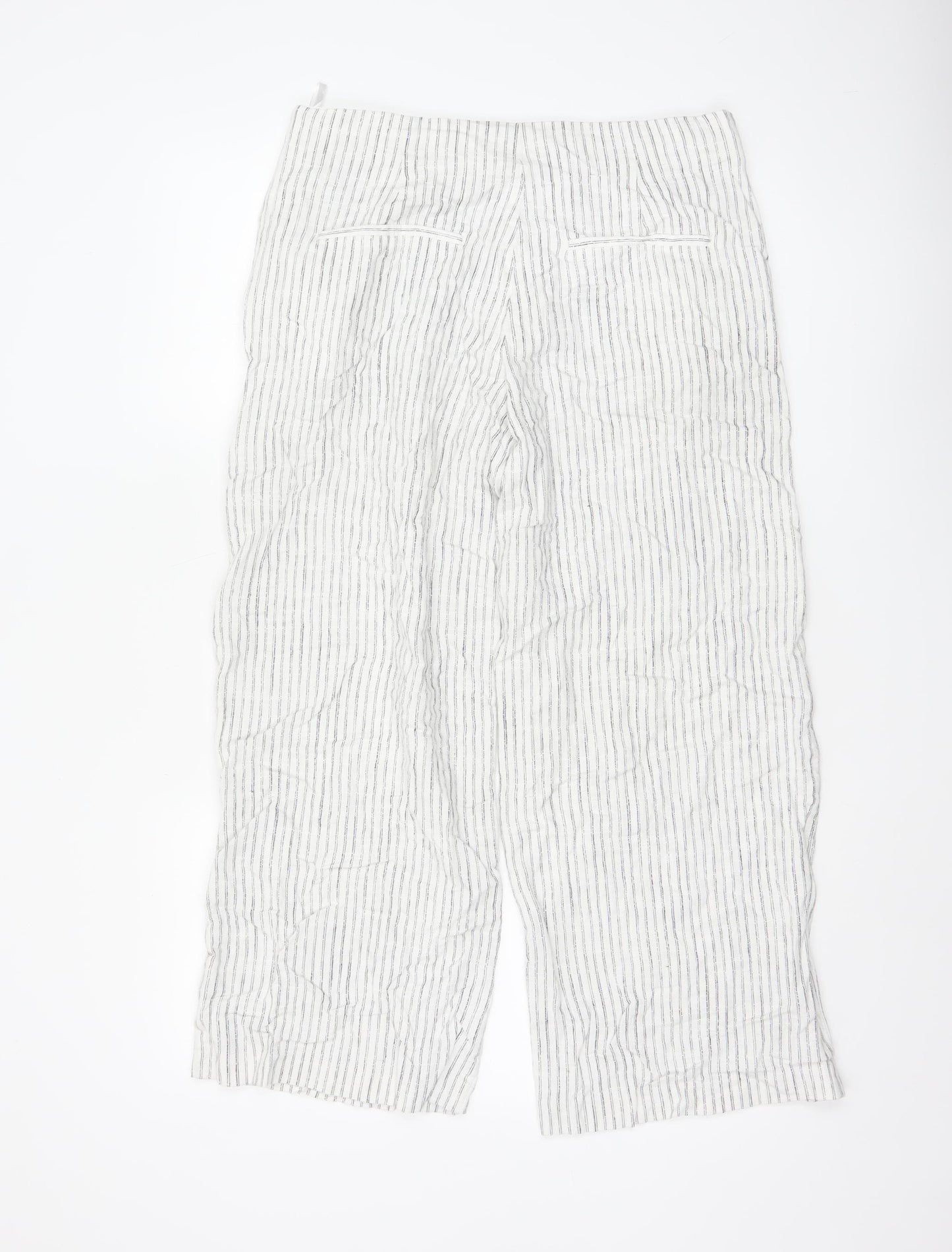 Marks and Spencer Women’s White Striped Linen Blend Straight Trousers Size 12 Short