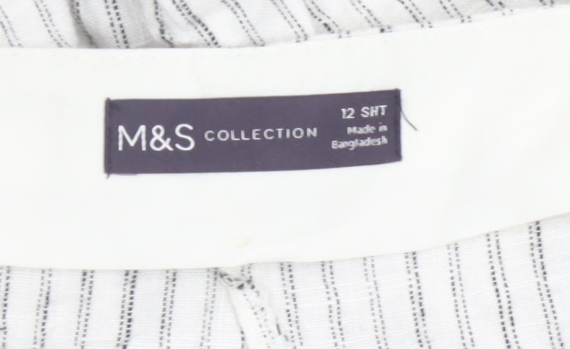 Marks and Spencer Women’s White Striped Linen Blend Straight Trousers Size 12 Short