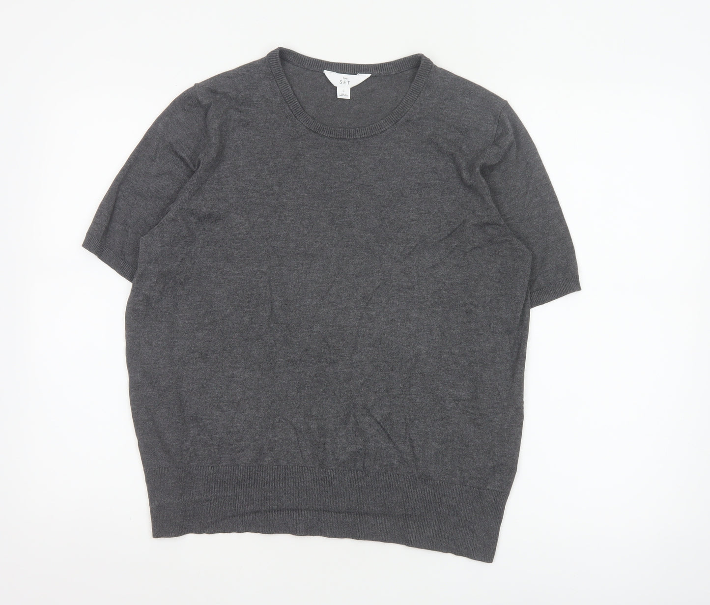 SET Women's Grey Short Sleeve Crew Neck Knit Jumper L