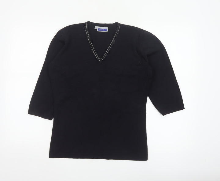 Austin Reed Women's Black V-Neck Beaded Trim Jumper Size L