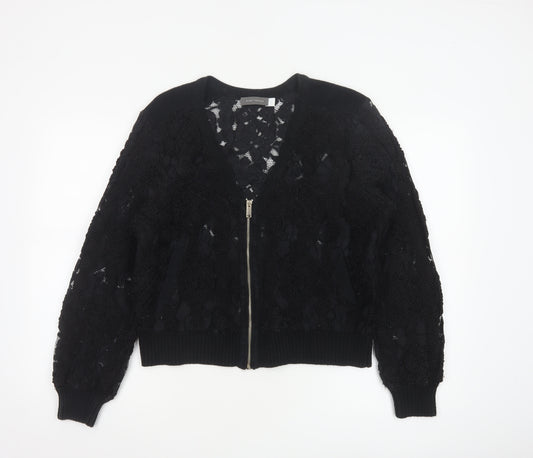 Mint Velvet Women Black Lace Bomber Jacket L Zip Casual Classic