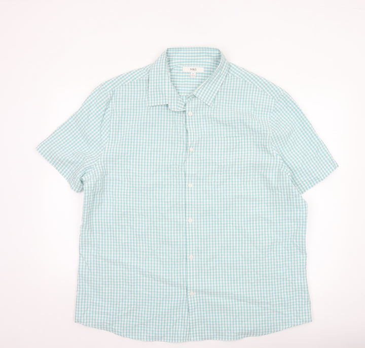 Marks and Spencer Men's Blue Check Short Sleeve 2XL Button-Up Shirt