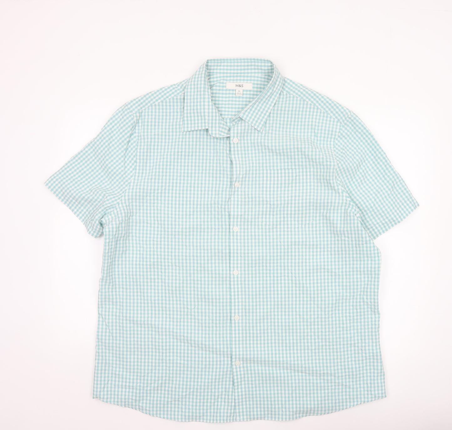 Marks and Spencer Men's Blue Check Short Sleeve 2XL Button-Up Shirt