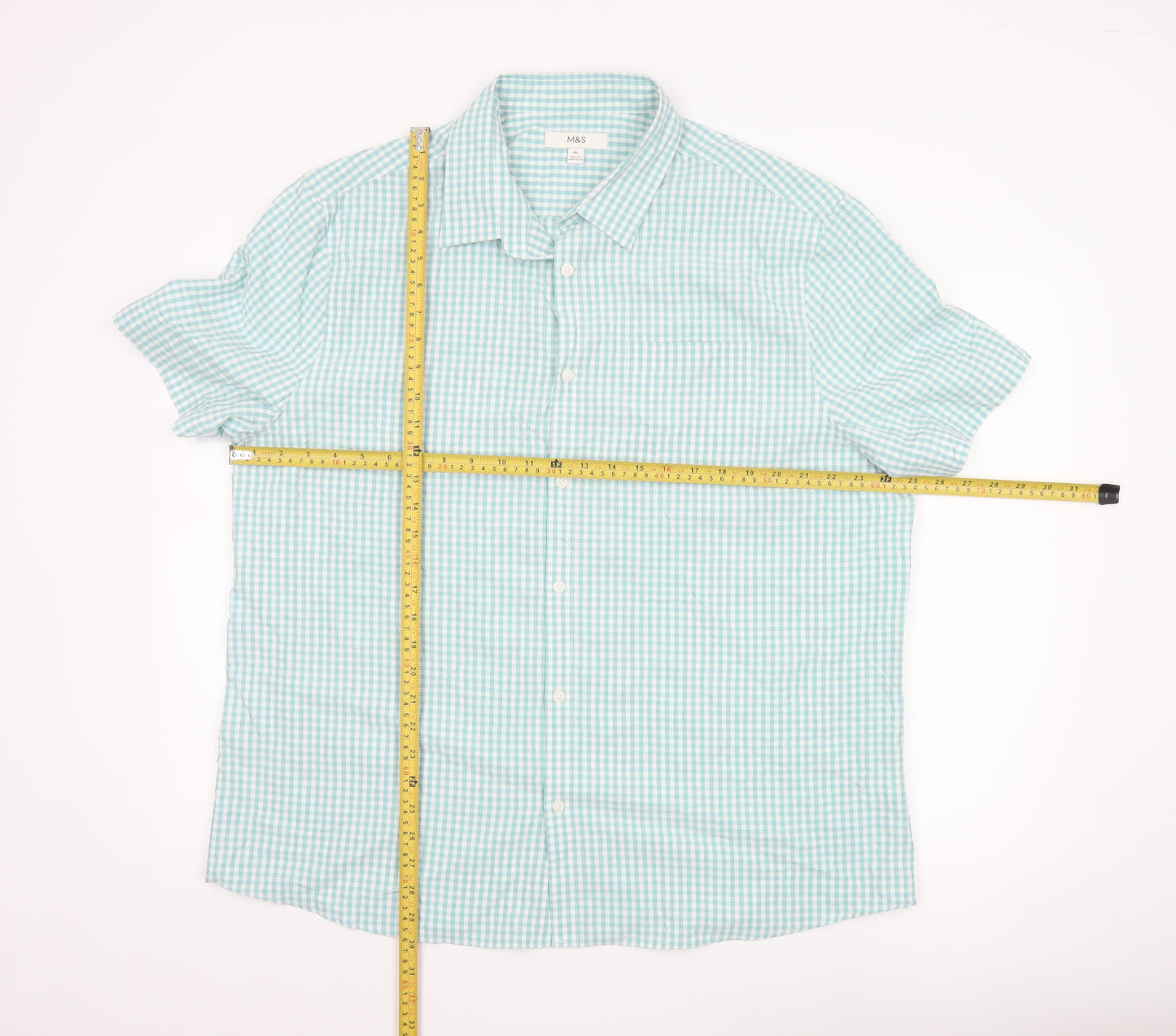 Marks and Spencer Men's Blue Check Short Sleeve 2XL Button-Up Shirt