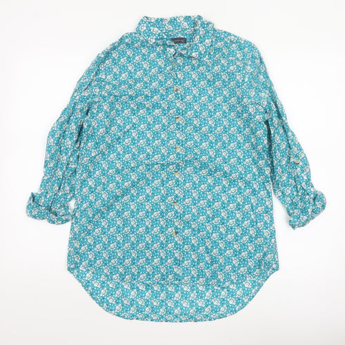 Marks and Spencer Women Blue Floral Long Sleeve Cotton Button-Up Shirt Size 12