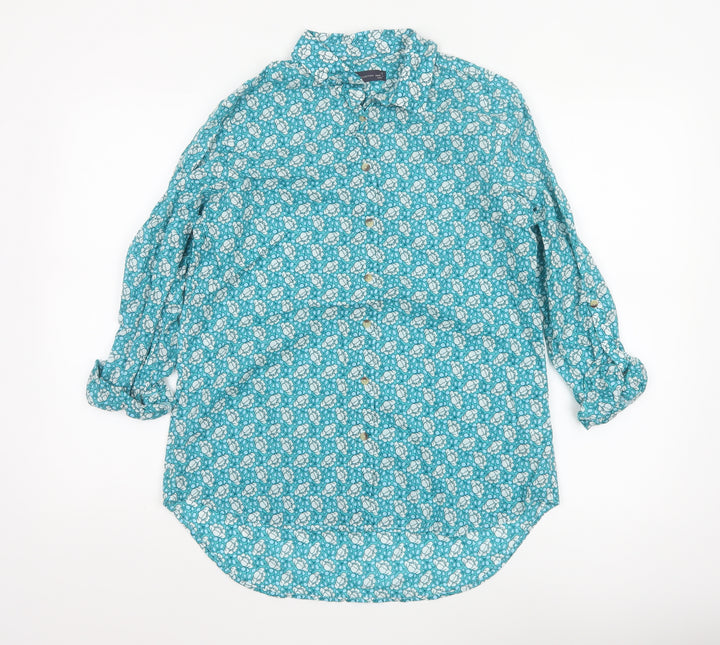 Marks and Spencer Women Blue Floral Long Sleeve Cotton Button-Up Shirt Size 12