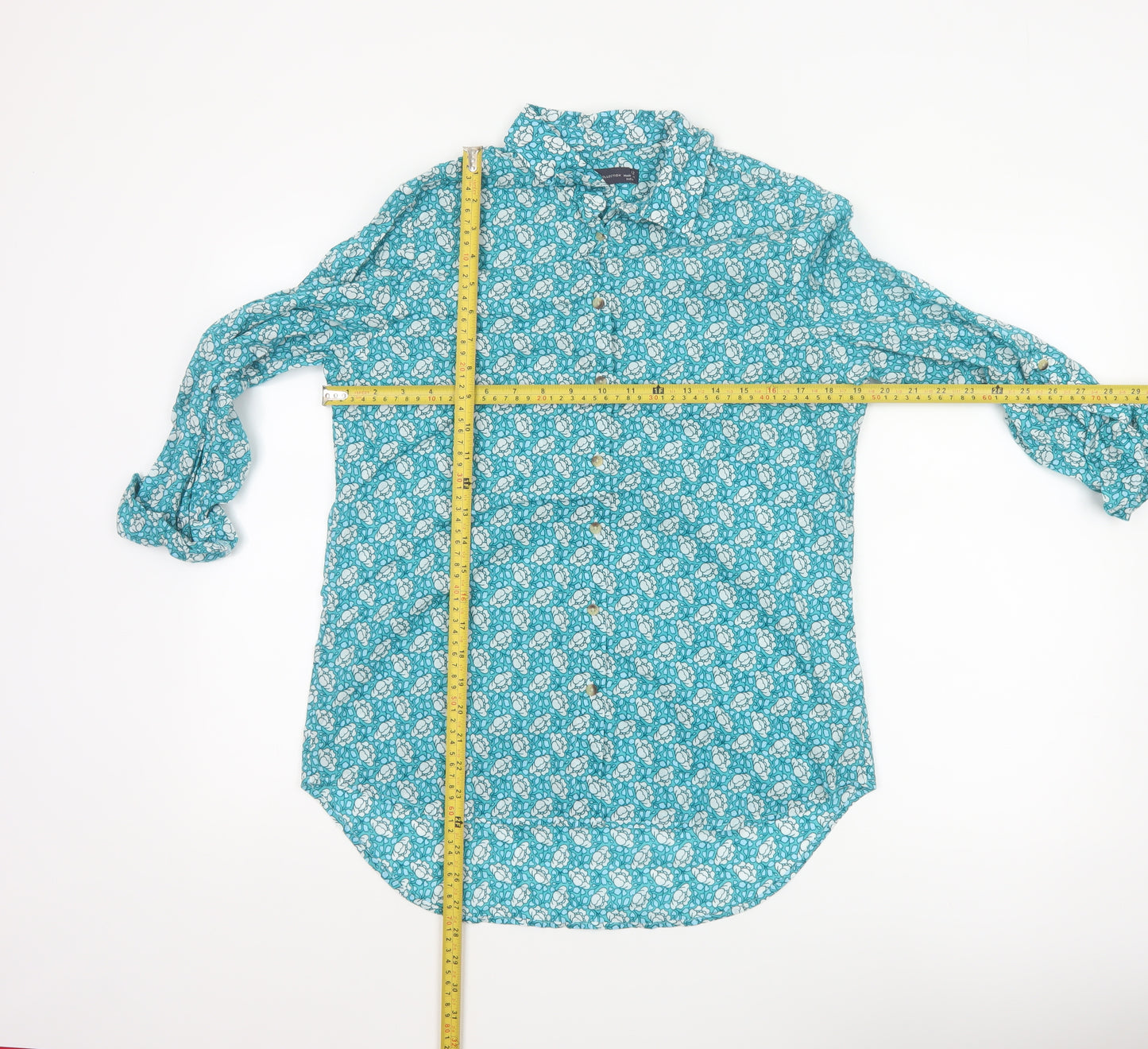Marks and Spencer Women Blue Floral Long Sleeve Cotton Button-Up Shirt Size 12
