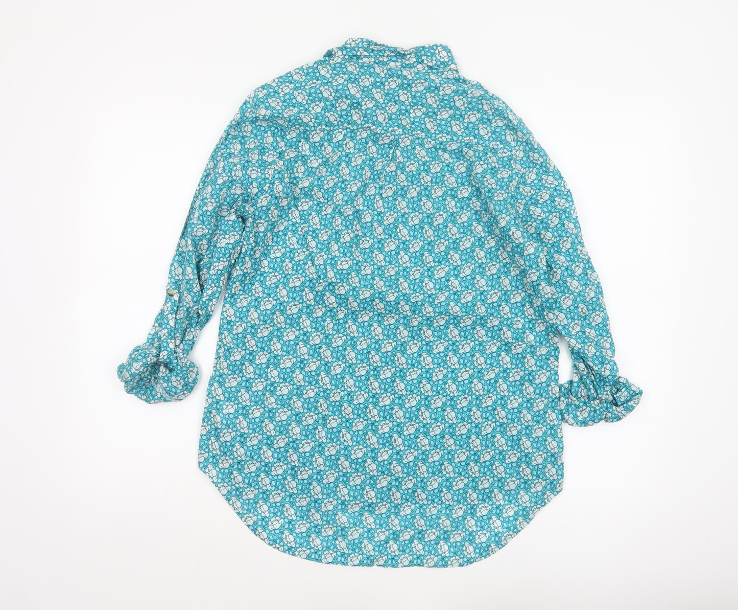 Marks and Spencer Women Blue Floral Long Sleeve Cotton Button-Up Shirt Size 12