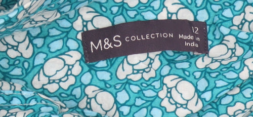Marks and Spencer Women Blue Floral Long Sleeve Cotton Button-Up Shirt Size 12
