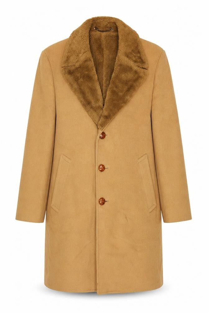 Front view of Zero King Women Beige Wool Overcoat with Fur Collar, size 14, Classic Style