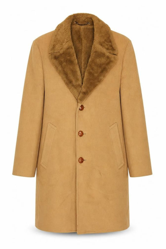 Front view of Zero King Women Beige Wool Overcoat with Fur Collar, size 14, Classic Style