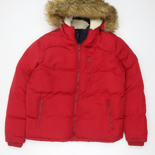 SoulCal & Co Mens Red L Puffer Jacket Hooded Faux Fur Winter Coat