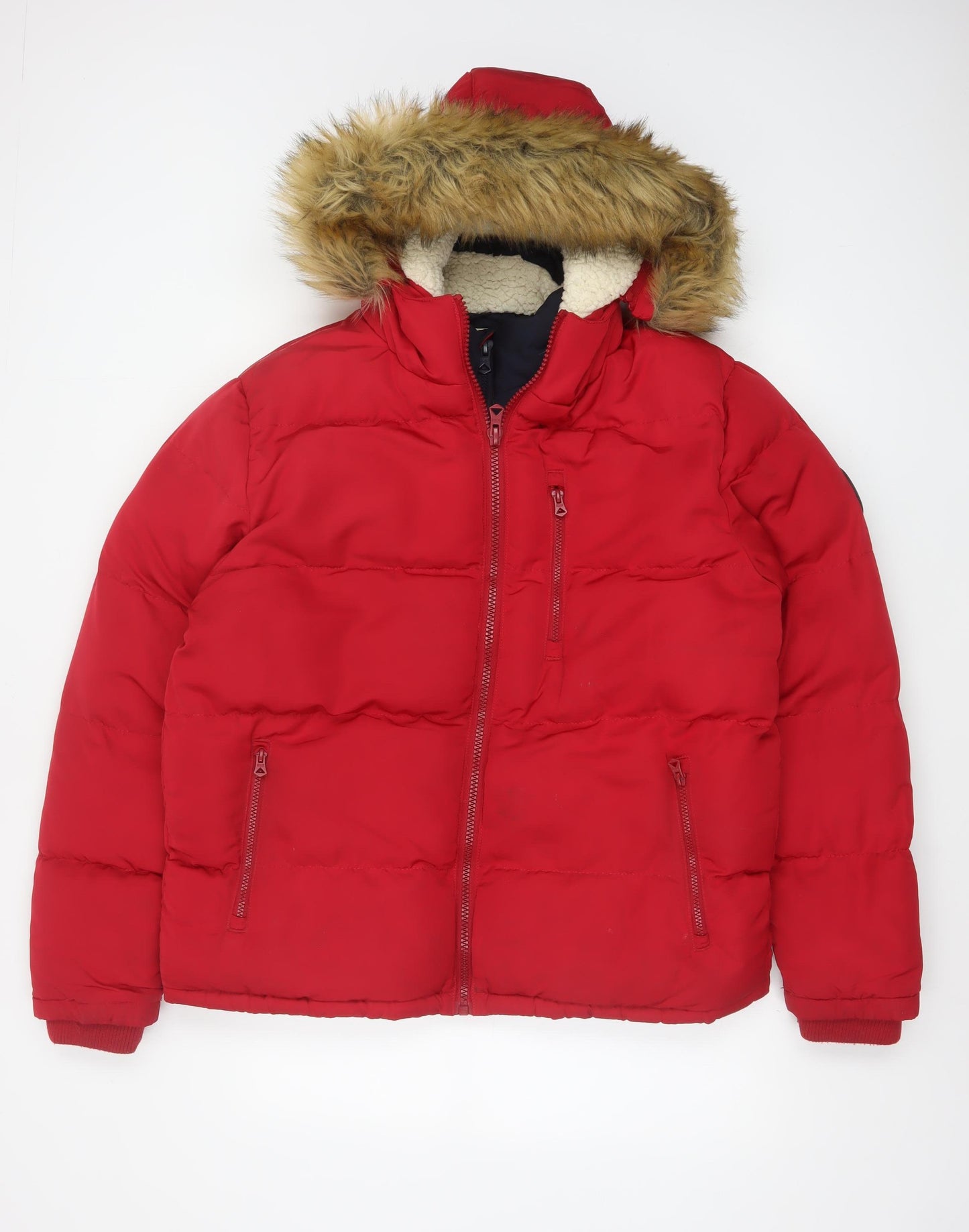 SoulCal & Co Mens Red L Puffer Jacket Hooded Faux Fur Winter Coat