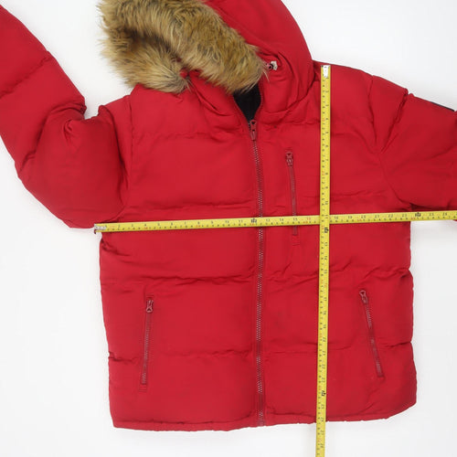 SoulCal & Co Mens Red L Puffer Jacket Hooded Faux Fur Winter Coat