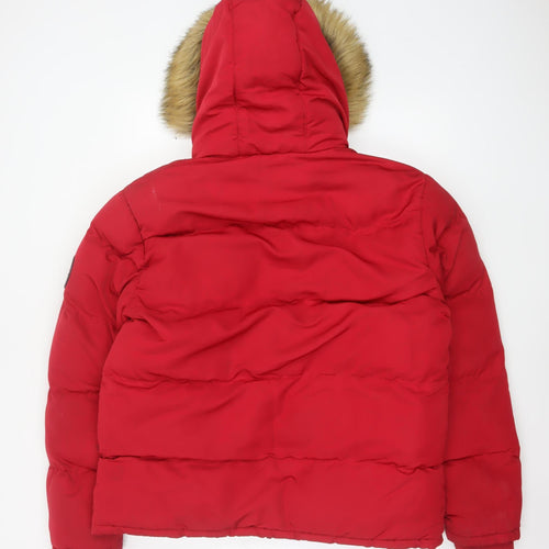 SoulCal & Co Mens Red L Puffer Jacket Hooded Faux Fur Winter Coat